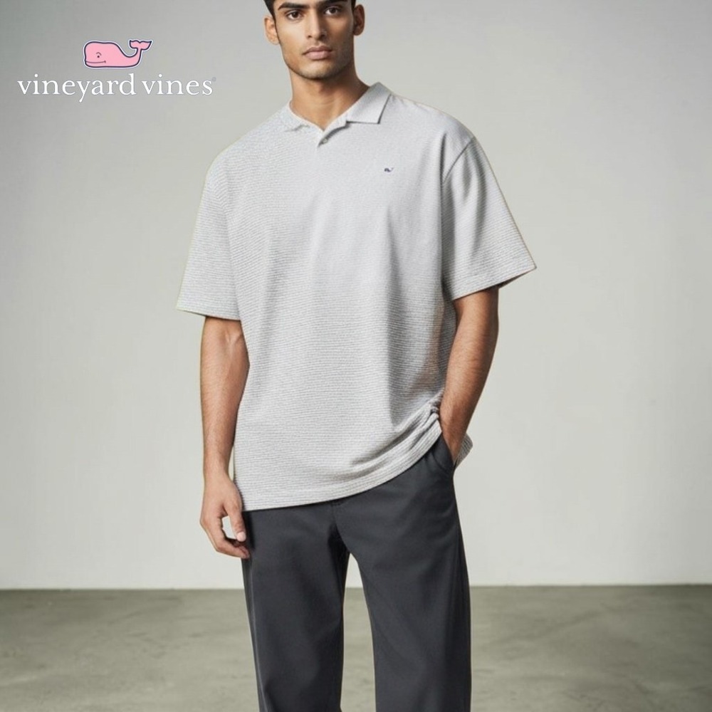 Vineyard Vines Mens Linen Blend Striped V-Neck Polo Shirt Grey XL 1K2282